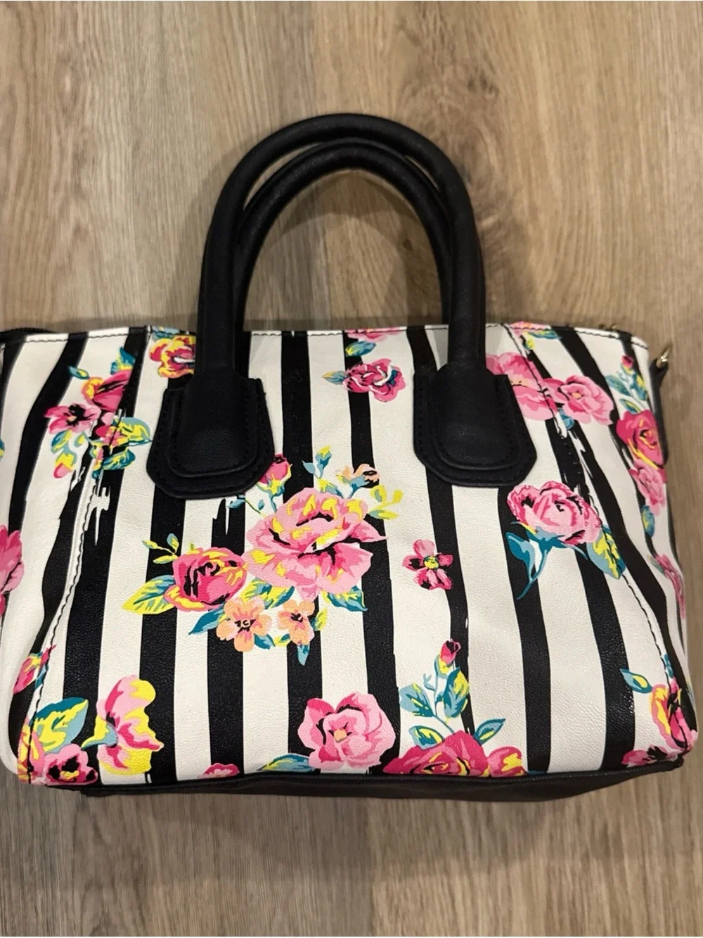 Luv Betsey by Betsey Johnson Mini Satchel Black White Striped Floral Purse Rose